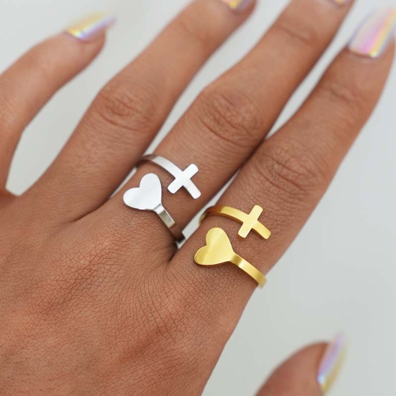 Stainless Steel Metal Love Heart Open Rings For Women minimalist Gold Color Adjustable Finger Rings Zircon Valentine's Day Gift