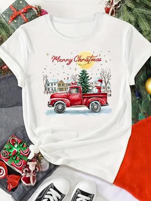 (Asian Size) Watercolor Truck Printing Print Merry Christmas O-neck Women's Top New Year T Clothing Short Sleeve T-shirts Fashion Holiday Graphic Tee