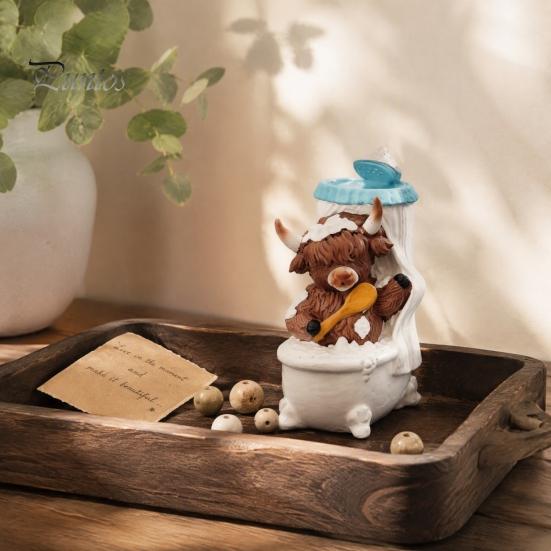 Resin Animal Statue Highland Cow Bathroom Figurine, Scottish Calf Bathing Statue, Funny Fun Figure Farmhouse Ornament for Home Office Tiered