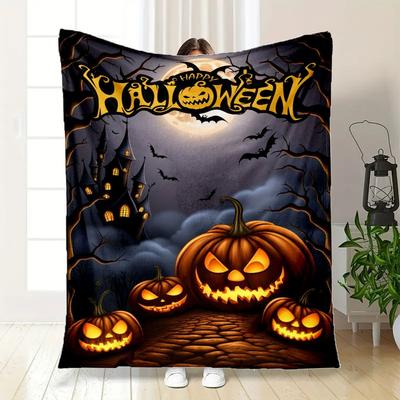 Halloween Party Decorations Pumpkin Lanterns with Moon and BatsBlanket Flannel Throw Blanket for Sofa, Bed, Travel, Camping, Office