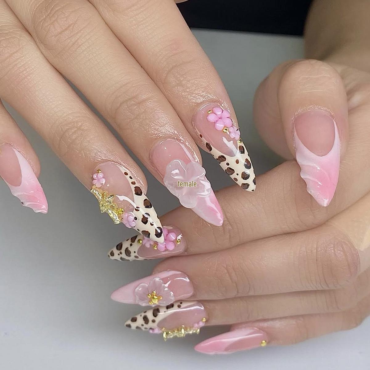 

Gradient French Tip 3D Floral Faux Nails with Steel Ball Accent