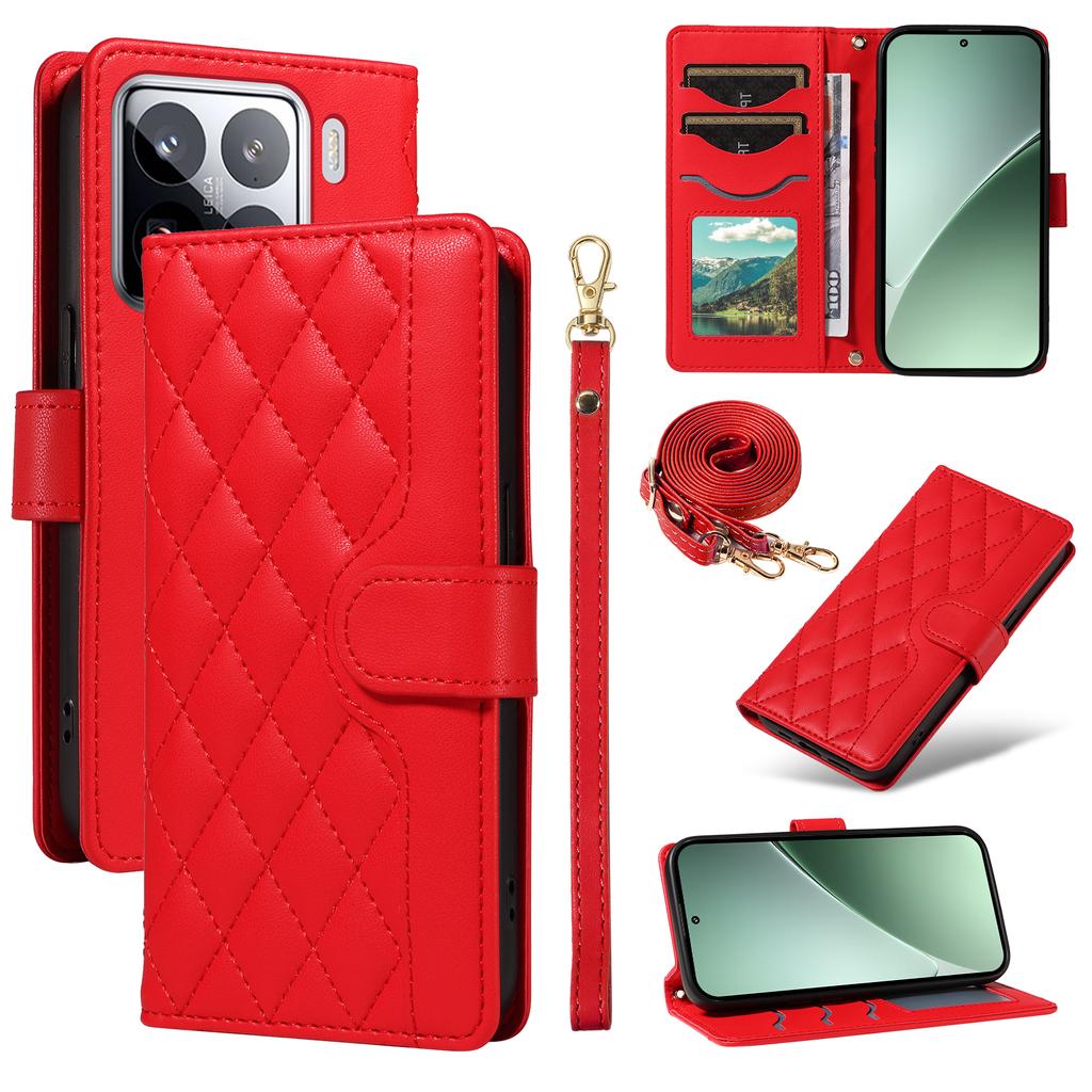 For Xiaomi 15 Pro Wallet Case Rhombus Leather Phone Cover with Shoulder Strap, Wrist Strap