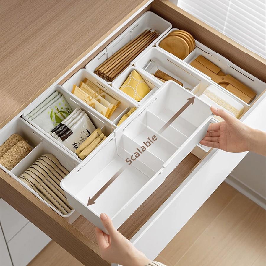 Expandable Plastic Storage Boxes, Multi-Purpose Folding Organizer, Drawer Storage Divider for Bedroom, Kitchen and Snack Storage