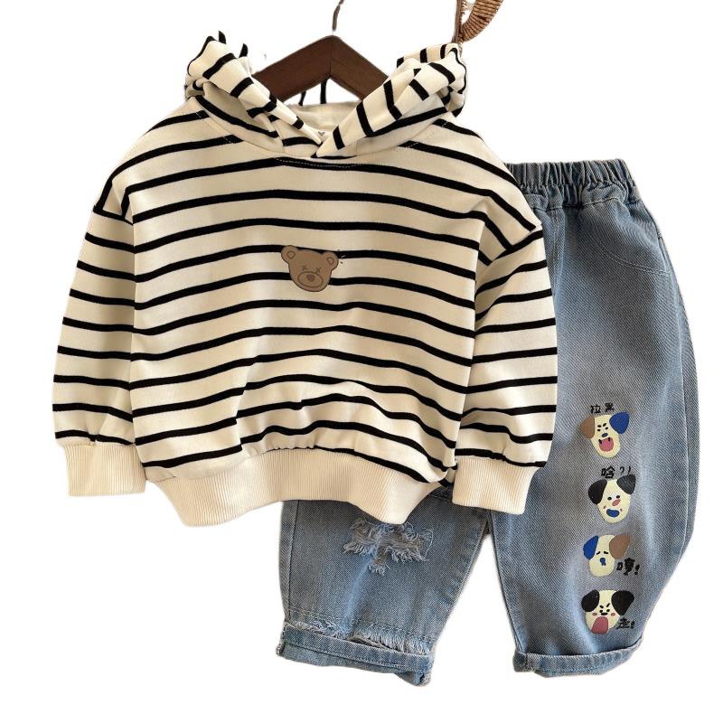 2025 Boys' Striped Jacket & Casual Hoodie Set - Korean Style Spring/Autumn Three-Piece for Children