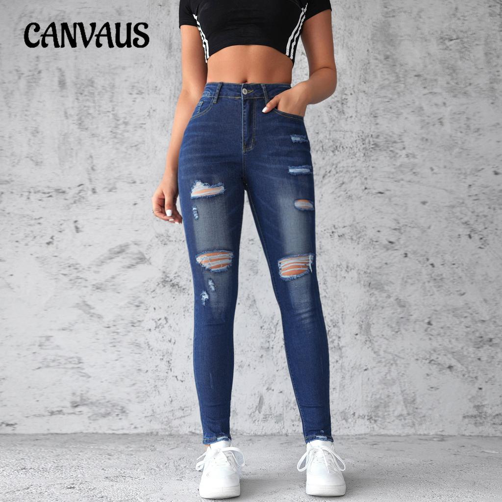 Women's Jeans Stretch Hole Jeans Skinny Lift Hip Pant High Waist Washed Trousers