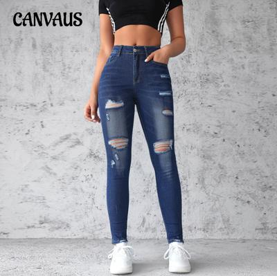 Women's Jeans Stretch Hole Jeans Skinny Lift Hip Pant High Waist Washed Trousers
