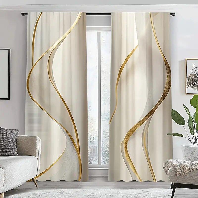 2pcs -Golden S-shaped Lines Print Curtains, Pole Bag Curtains, Home Decoration, Room Decoration
