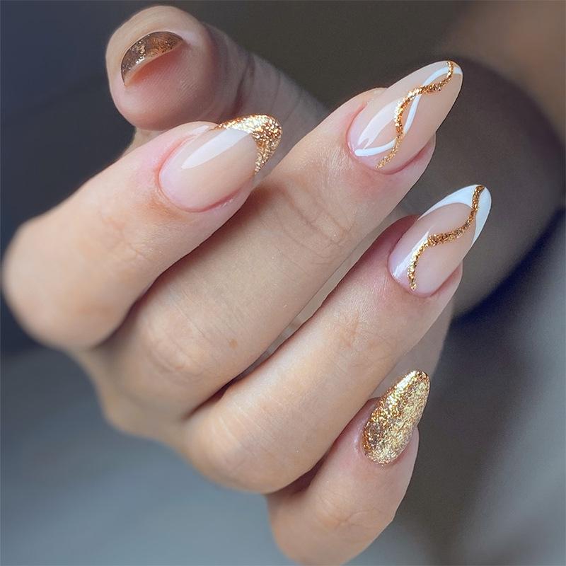 

European & American Gold Glitter Gradient Press-On Almond Nails with Striped Edge – Exquisite Wearable Nail Art for Elegant Women Almond