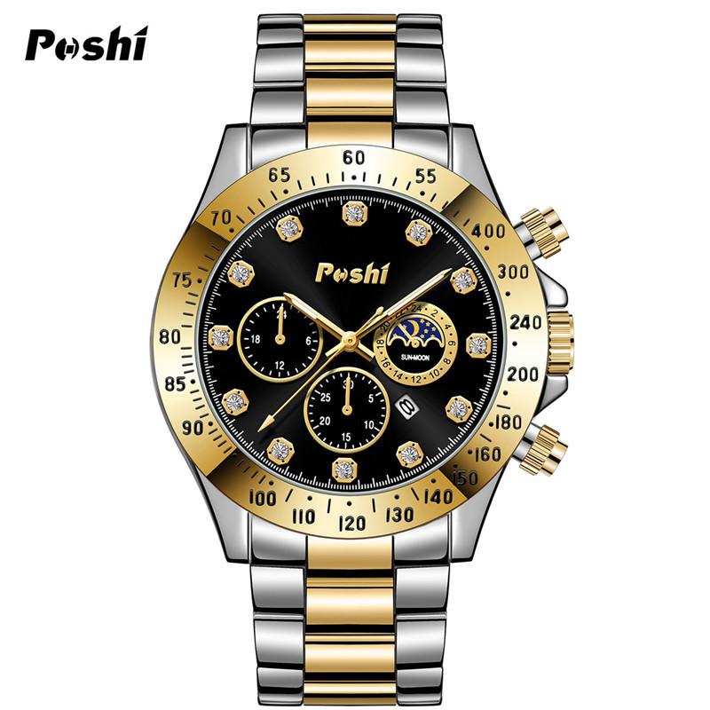 

POSHI Новые деловые часы, мужские модные часы, поддельные три глаза, светящийся календарь, спортивные водонепроницаемые кварцевые часы