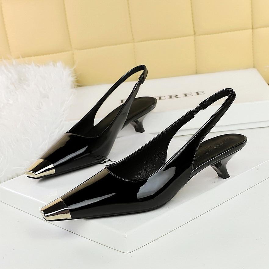 Fashion 2025 Fashion Banquet Thin Heel Shallow Mouth Women's Shoes Patent Leather Glossy Metal Head Rear Strap Thin Single Shoes Women