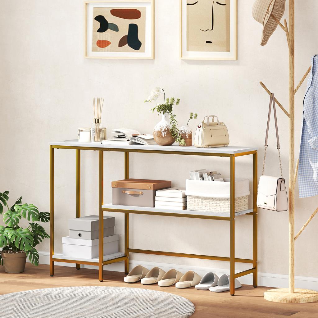 Mesa de Console de Três Níveis com Prateleiras de Armazenamento e Tampo com Efeito Mármore, 120 cm, Branco e Dourado