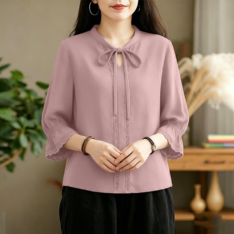 ZANZEA Womens Round Neck Casual 3/4 Sleeve Lace Patchwork Blouse S фиолетовый
