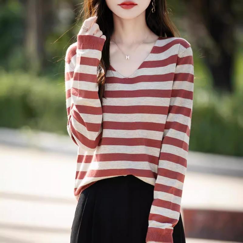 Spring and Autumn new V-neck striped women's long-sleeved knitted sweater loose and thin contrasting pullover versatile bottoming shirt