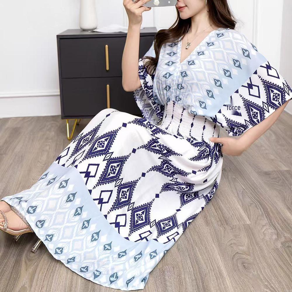 26-Year Floral V-Neck Cotton Silk Batwing Sleeve Beach Dress - Thailand Travel & Vacation Skirt Style