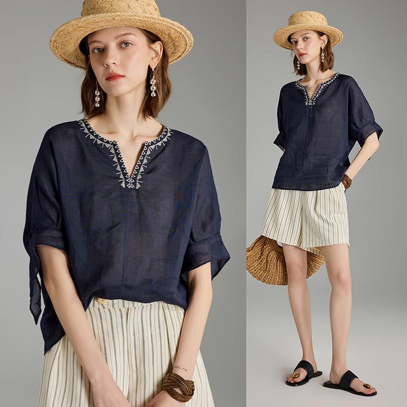 Wudao Women s Ramie Embroidered Ethnic Short-Sleeve Blouse L