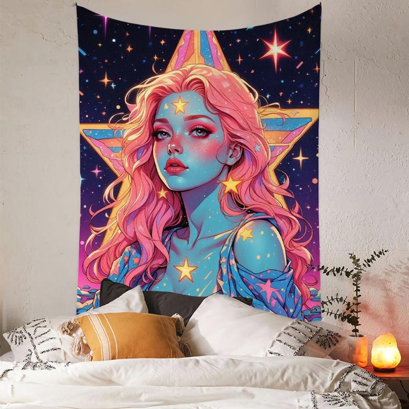 Kawaii Rainbow Anime Girl Tapestry, Neon Aesthetic Wall Hanging, Pastel Art for Bedroom Dorm Home Decor