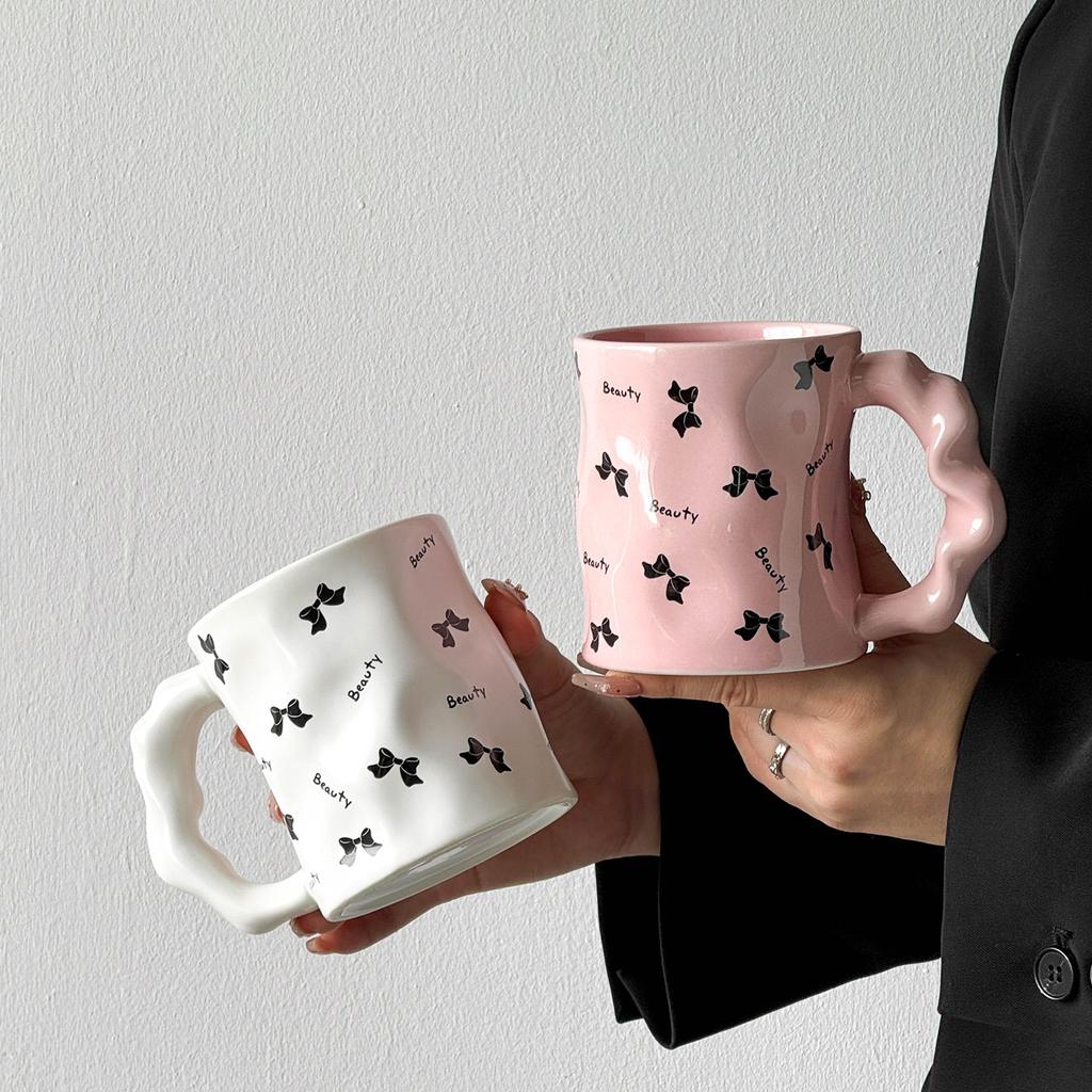 Dziewczyny z Różowymi i Czarnymi Kokardami Kubek Ceramiczny o Wysokim Wyglądzie Kreatywny Design Filiżanka Domowy Kubek do Wody Pamiątka