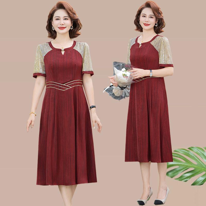 

Mother s Day Elegant Summer Dress for Middle-aged & Elderly Women - Stylish Mid-length Skirt XL - for 90-105 lbs вино красного