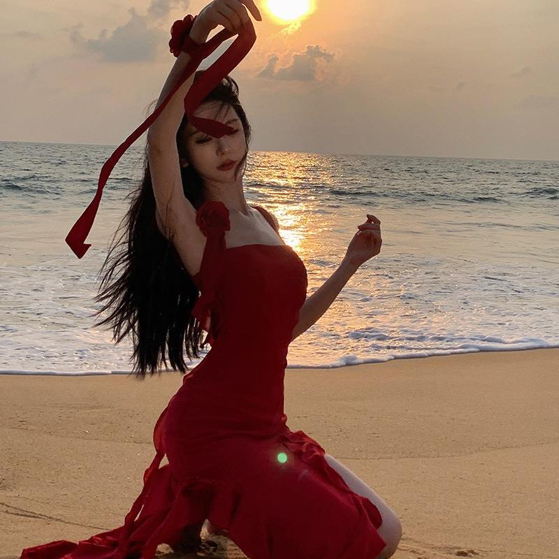 Spice Girl Slim Skinny Sexy Irregular Lotus Leaf Sling Chiffon Dress Maldives Beach Dress