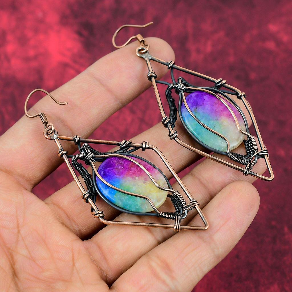 Rainbow Solar Quartz Druzy Earring Copper Wire Wrapped Gemstone Earring Antique Jewelry Handmade Earrings Copper Wire Jewelry Gifts For Her