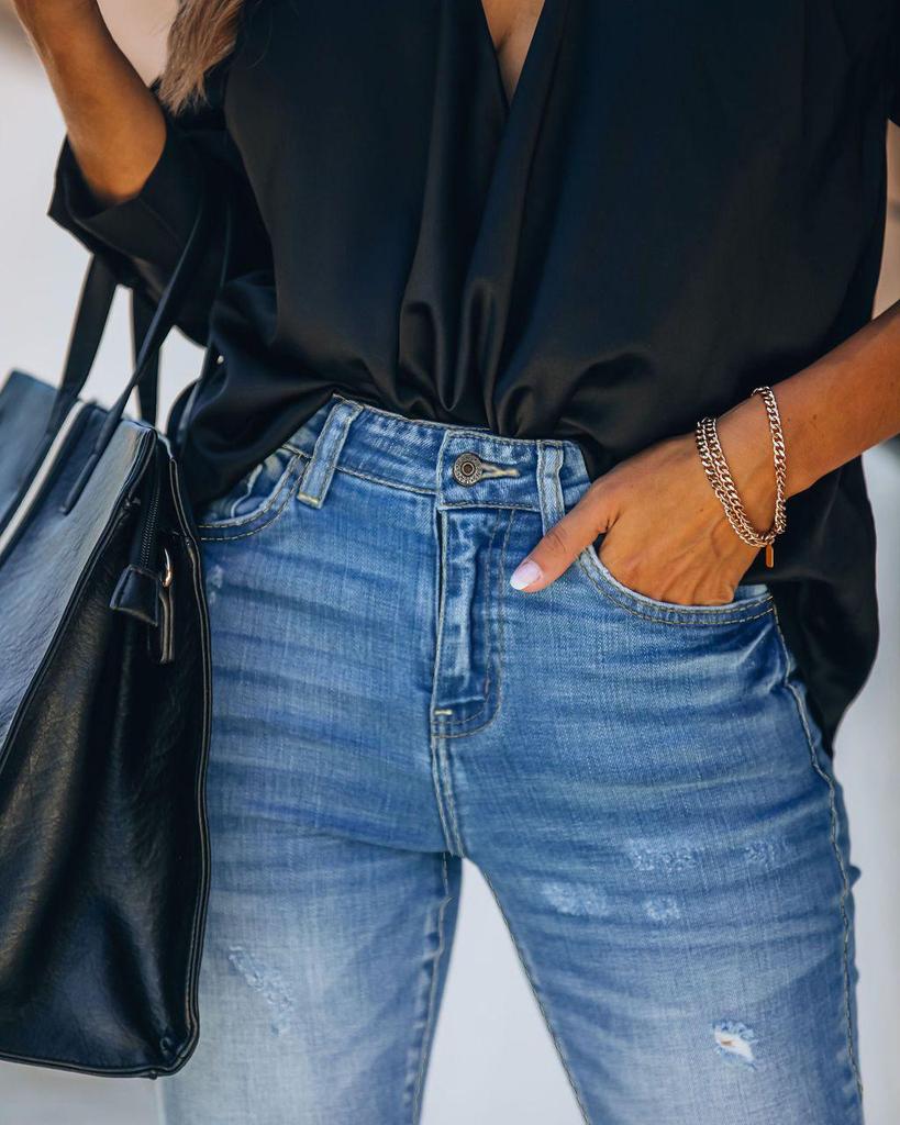 European and American Blue Ripped Skinny Pencil Jeans - In Stock