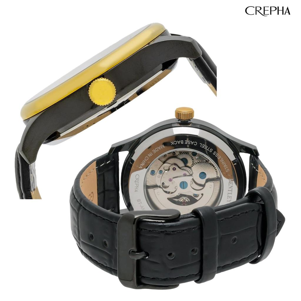 Klefer Automatic Analog Watch with Leather Automatic Bentley Men's Strap, Movement, Gold, Black, BT-AM320-GD