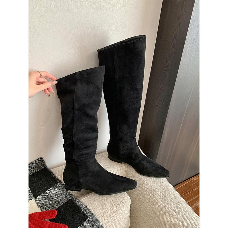 

Заостренные женские ковбойские сапоги на толстом каблуке, замшевые сапоги с низким каблуком, узким голенищем, высоким голенищем до колена, винтажные сапоги со складками, сапоги-чулки 35