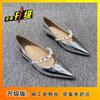 Fashion wedge heel European pointed pearl one-word belt women's shoes light mouth single shoes versatile flat heel lazy shoes 2025 spring