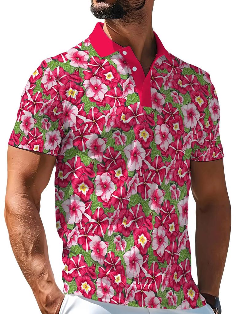 [Printed Design – Not Textured] Rose Red Collar, Rose Pink Morning Glory All-Over Print Men's Short Sleeve Polo Shirt
