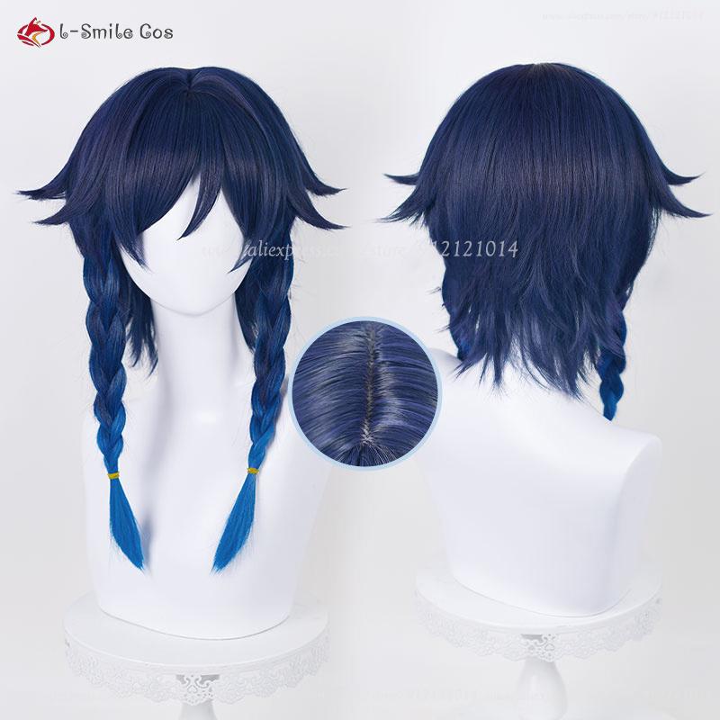 New Venti Cosplay Wig Barbatos Venti 42cm Short Blue Gradient Heat Resistant Synthetic Hair Party Wigs + Wig Cap