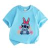 Cute Cartoon Blue Alien Print Kids Unisex 100% Cotton T-shirt, Boys Girls Crew Neck Short Sleeve Casual Tees with Hibiscus Flower Pattern for Summer D