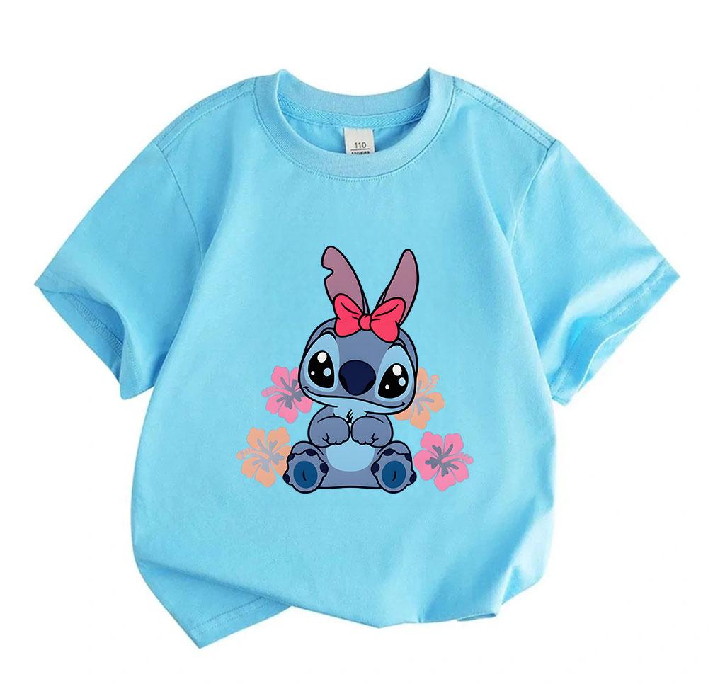 Cute Cartoon Blue Alien Print Kids Unisex 100% Cotton T-shirt, Boys Girls Crew Neck Short Sleeve Casual Tees with Hibiscus Flower Pattern for Summer D