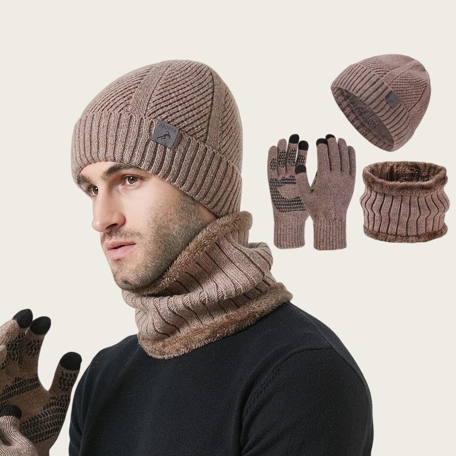 Winter Thick Men s Hat Women Scarf Gloves Cycling Anti-Slip Earflap Knitted Hat Set Fleece Warm 3pcs One Size