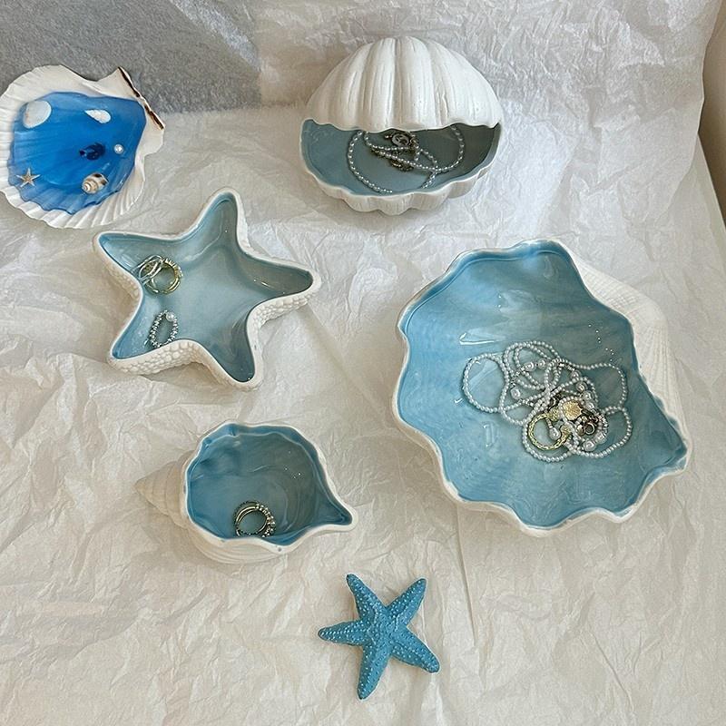 Ocean Shell Conch Sea Star Ceramic Jewelry Box Necklace, Ring Earring, Jewelry Storage Box Desktop Ornament