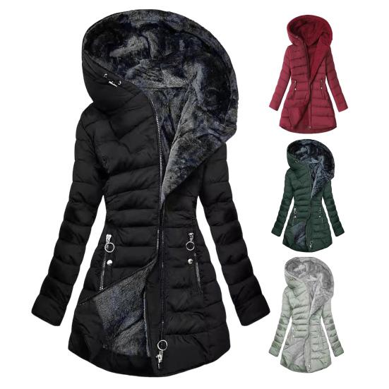 Damen Winter Winddichter Puffer Mantel Dickes Fleece Gefüttert Daunenjacke Reißverschluss Kapuzenparka Oberbekleidung mit Taschen