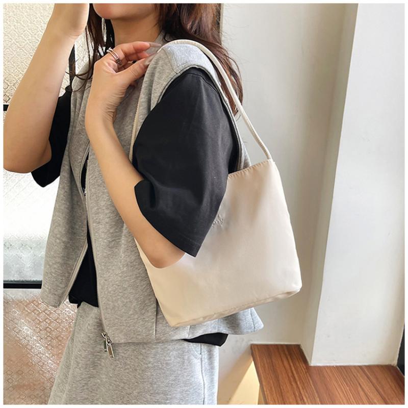 Korean Style Letter Underarm Bag Tote Bag Handbag Embroidery Shoulder Bag Pure Color Large Capacity Nylon Bucket Bag Women 1Pc