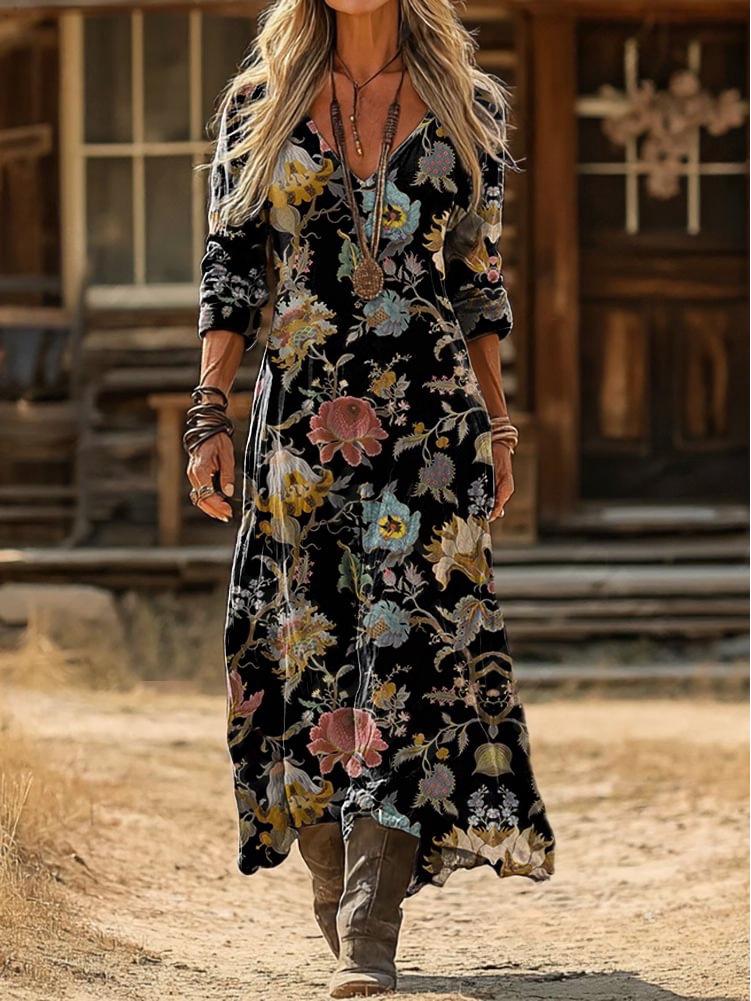 

Women s Retro Floral Print Long Sleeve Dress - European & American Style M