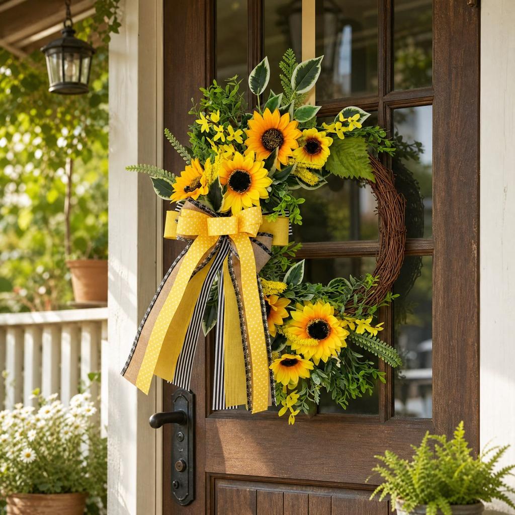 Sunflower Half Wreath for Front Door and Wall Decor, Fall Hanging Ornament for Home Courtyard