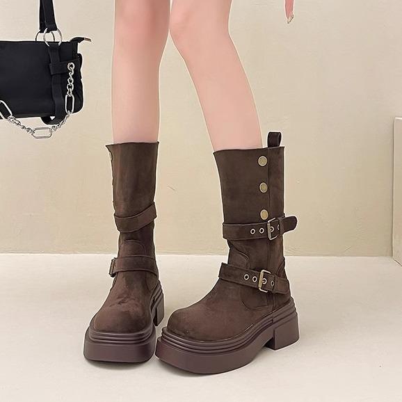 Retro two-wear locomotive boots for women's autumn and winter new belt buckle heightened small thick heel thick-soled Martin short boots