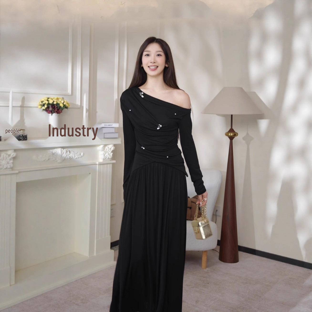 TZ7152 French Light Luxury Beaded Asymmetrical Shoulder Dress for Women - Autumn/Winter Style Extra Large чёрный