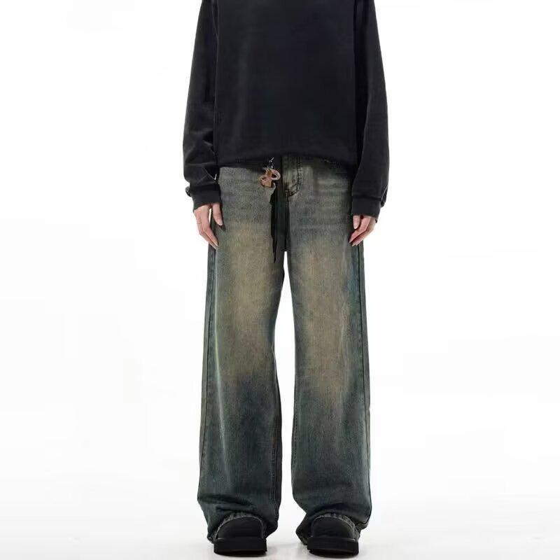 Men's American Retro High Street Wide-Leg Jeans - Spring Arrival, Trendy Loose Fit, Floor-Length