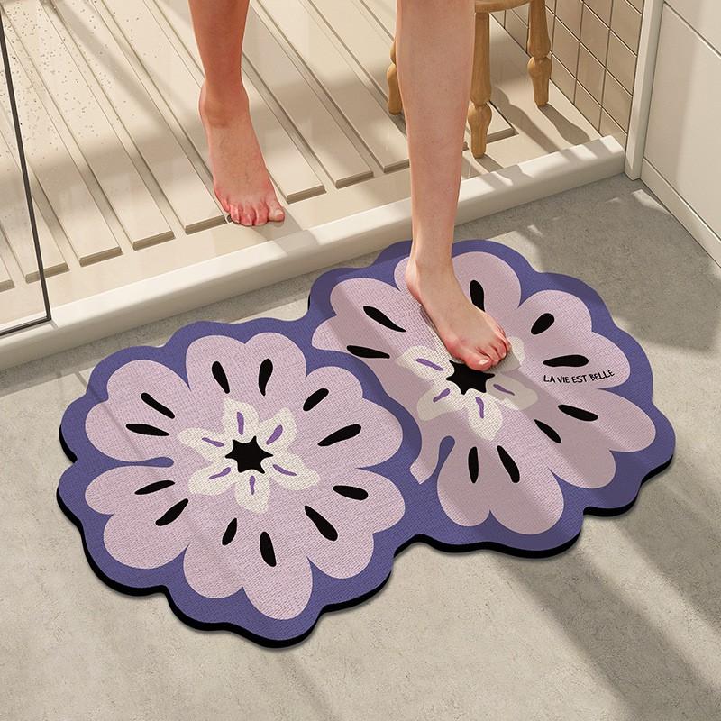 Bathroom Floor Mat Silicone Diatomaceous Mud Absorbent Non-Slip Door Shower Area Modern Floral