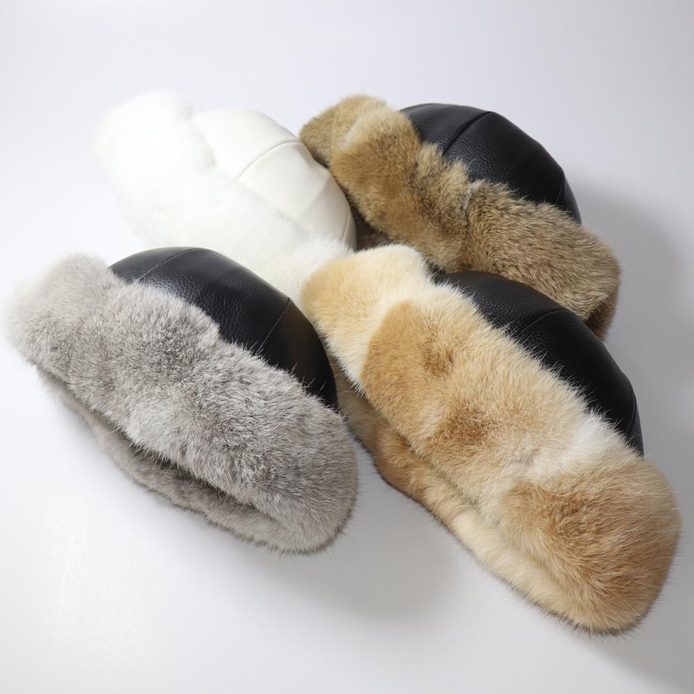 New Winter Real Rabbit Fur Hat Unisex Natural Real Cow Leather Fedoras Hats Women Outdoor Warm Real Rabbit Fur Caps
