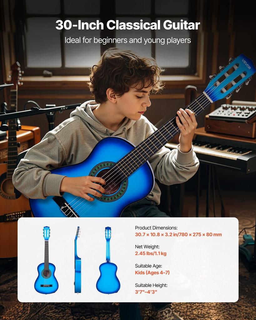 Classical Guitar, 780 mm, Wood Classical Guitar Starter Kit for Beginners, with Nylon Strings, Gig Bag, Strap, Tuner, Extra Strings, Picks, Capo,