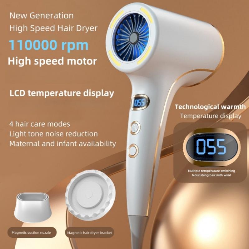 

Светодиодный цифровой фен для волос с высокой скоростью 110000 об/мин, холодным и горячим циркулирующим потоком воздуха, сухой и тихий фен, подарочная коробка us