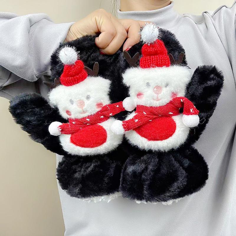 Women's Cute Snowman Plush Mittens - Warm, Fluffy, Windproof for Autumn/Winter