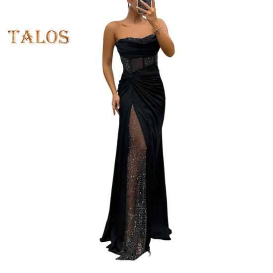 Vestido de noche para mujer, estilo bandeau, sin mangas, con hombros descubiertos, plisado, con nudo, de malla, con parches, brillante, con lentejuelas, vestido de baile de satén, largo hasta el suelo, para banquetes y fiestas de graduación