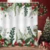 Christmas Shower Curtain, Holly Xmas New Year Holiday Winter Decor Bathroom Curtain Set Waterproof Polyester Fabric With Hooks