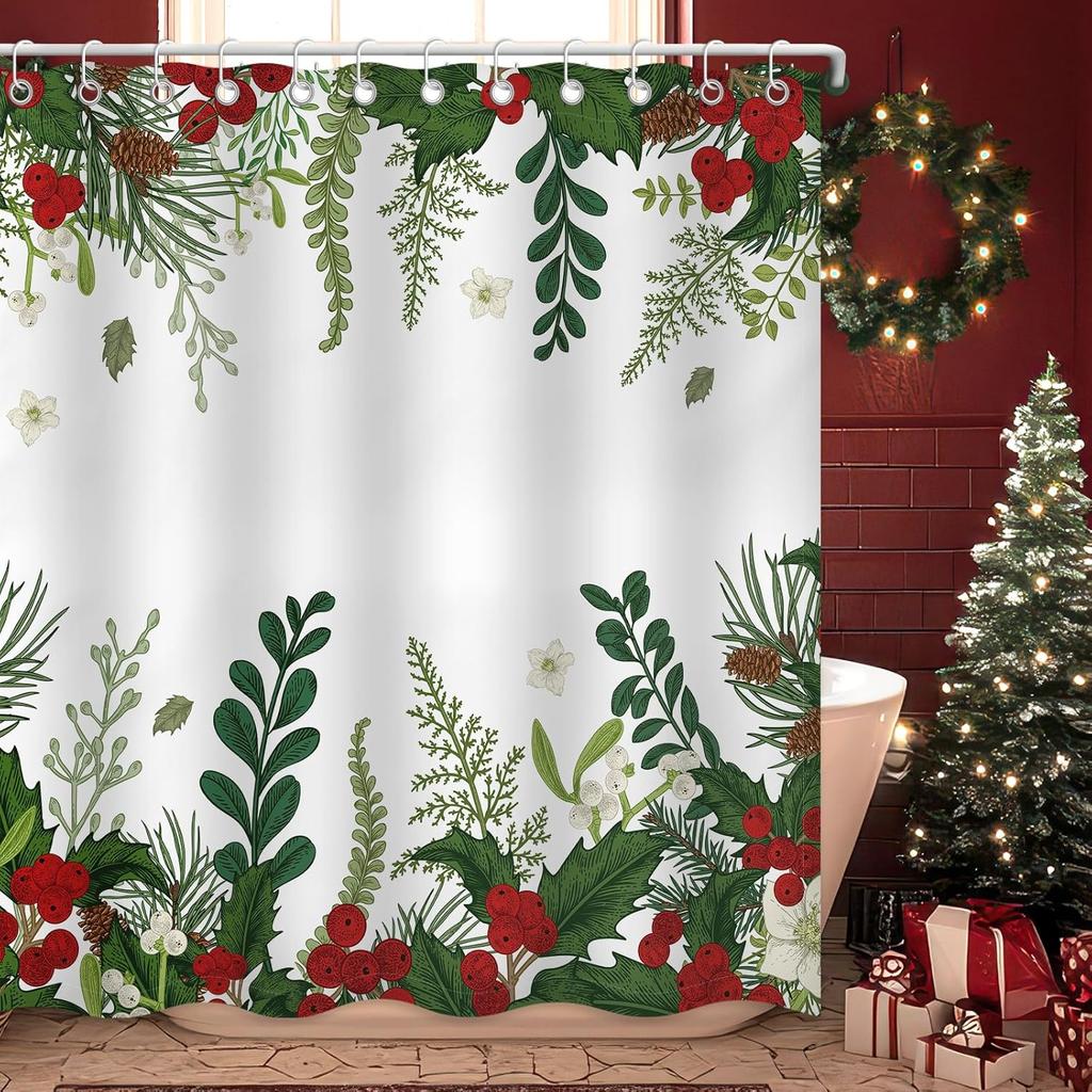 Christmas Shower Curtain, Holly Xmas New Year Holiday Winter Decor Bathroom Curtain Set Waterproof Polyester Fabric With Hooks