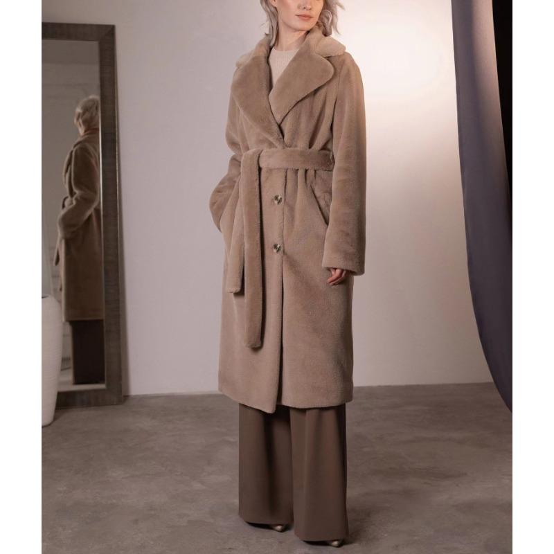 Dámský podzimní zimní zahuštěný dlouhý kabát z norkového sametu, luxusní bunda z imitace králičí kožešiny s páskem, klopami, trenčkot